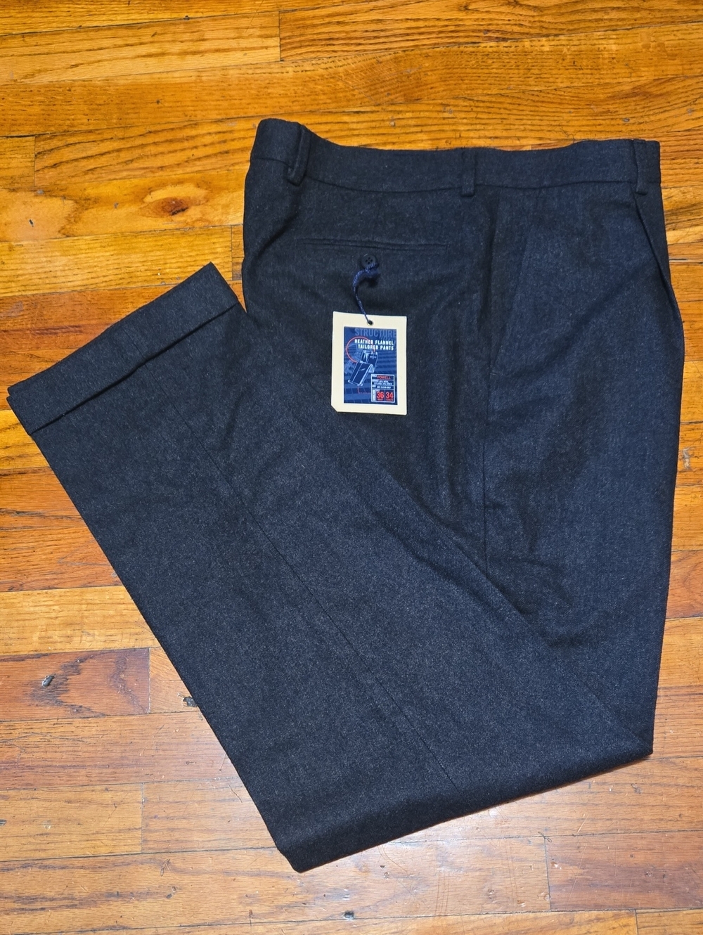 VTG Structure Heather Flannel Pleated Cuffed Pants Grey 36X34 (34x33.5)